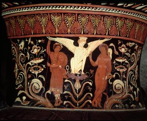 Apulische roodfigurige voluutkrater, detail van de nek met Oedipus en de Sfinx