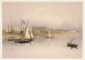 Egypte, ruïnes van Luxor vanaf de Nijl, gravure gebaseerd op tekening van David Roberts door David (after) Roberts