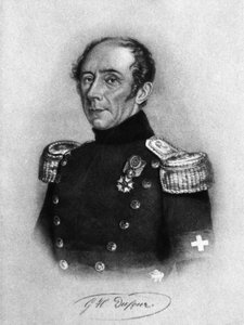 Portret van Guillaume-Henri Dufour (1787-1875), Zwitserse generaal, ingenieur, topograaf en medeoprichter van het Internationale Rode Kruis, gravure naar tekening door Karl Friedrich Irminger (1813-1863)