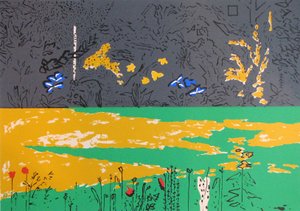 Tuin, donkere rand met blauwe lelies door David Alan Redpath Michie