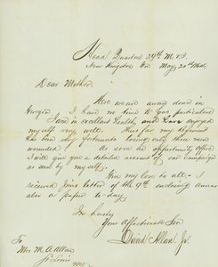 Brief ondertekend door David Allan, Jr., Hoofdkwartier 29e M.V.I., nabij Kingston, Ga., aan zijn moeder Mevr. M.A. Allan, St. Louis, Mo., 20 mei 1864