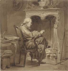 Oude man warmt zich bij de haard door David Bles