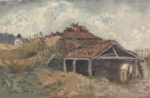 Landschap met twee figuren naast een oud gebouw door David Charles Read