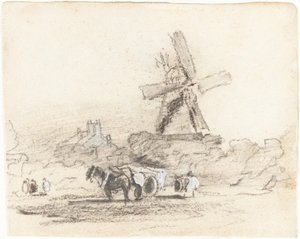 Een kar met twee paarden bij een windmolen