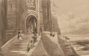 Figuren op de buitentrap van een kasteel door David Cox
