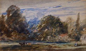 Landschap met koeien en figuur door David Cox