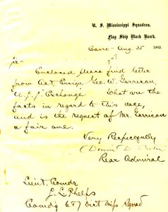 Brief van David D. Porter, U. S. S. Black Hawk, Cairo, Illinois, aan Seth Ledyard Phelps, 25 augustus 1863 door David D. Porter
