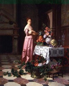 Dame met fruit en bloemen op een tafel