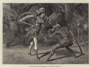Scène uit de pantomime in het Gaiety Theatre