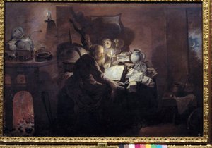 De alchemist in zijn studio door David III Ryckaert