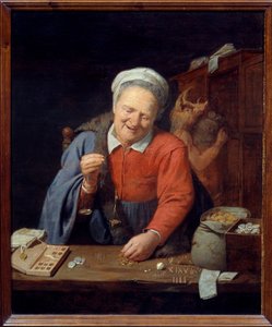 De goudweger. Een oude vrouw weegt goudstukken terwijl op de achtergrond een man met een zwijnenkop zakken in de kast opbergt. Schilderij door David III Ryckaert (1612-1661) door David III Ryckaert