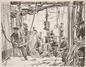 Matrozen op een slagschip maken munitie voor het leger, illustratie uit 
