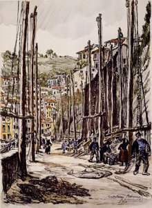 De tonijnvissers, Cudillero, Asturische kust door David Muirhead Bone