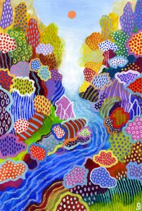Drijvende wereld 3, 2023 (acryl en oliepastel op papier) door David Newton
