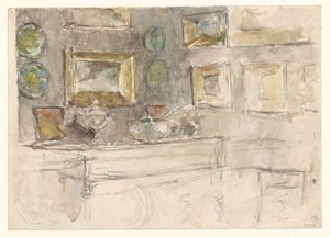 Hoek van een kamer met schilderijen aan de muur