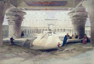 Uitzicht onder het portiek van de Tempel van Edfou, Opper-Egypte, plaat 32 uit Volume I van Egypte en Nubië, gegraveerd door Louis Haghe, gepubliceerd 1846