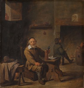 Oude man zittend in een taverne