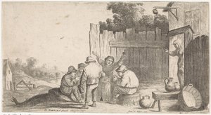 Vijf boeren rond een ton Genretaferelen in de open lucht door David Teniers (II) (attributed to workshop of)
