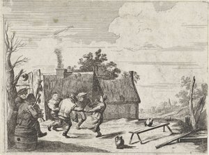 Dansende boeren op de muziek van twee muzikanten door David Teniers (II)