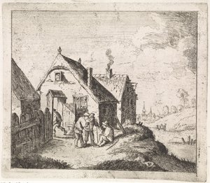 Drie mannen in gesprek bij een woning door David Teniers (II)