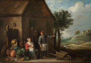 Boer bij een huisdeur met een zittende vrouw en kind