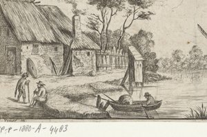 Landschap met boerderij en water door David Teniers (II)