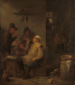 Metselaar die rookt met gezellen in een taverne