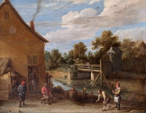 Boeren die kegelen voor een herberg aan een rivier, 17e eeuw