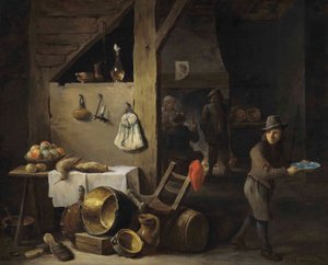 Een keukeninterieur met een jonge jongen en drie drinkende en rokende figuren door David Teniers the Younger