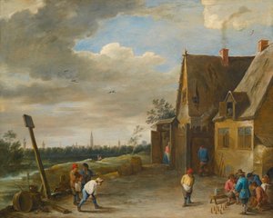 Spel van Negenspelden met Zicht op Antwerpen door David Teniers the Younger