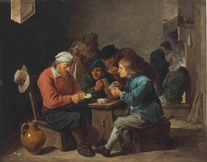 Boeren aan het kaarten in een interieur door David Teniers the Younger