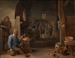 Het interieur van een herberg met rokende boeren bij een tafel en converserend voor een vuur door David Teniers the Younger