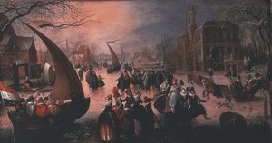 Een dorp in de winter met adel die ijszeilt