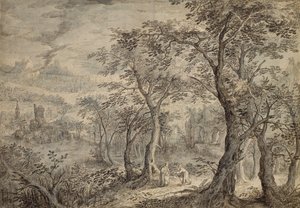 Bosrijk landschap met de verzoeking van Christus door David Vinckboons