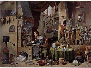 Een alchemistenlaboratorium in de 17e eeuw - volgens het schilderij van David Téniers de Jongere door David the Younger (after) Teniers