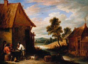 Een rivierlandschap met boeren buiten een herberg door David Teniers the Younger