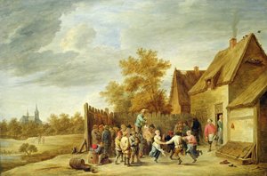 Boeren die Buiten een Herberg Dansen