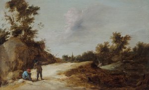 Boeren rusten op een pad in een rotsachtig, bebost landschap door David Teniers the Younger