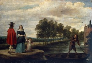De Kunstenaar, zijn Vrouw en Kind bij de Gracht van zijn Landhuis, Perck door David Teniers the Younger