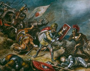 Een schilderij toont Richard III vechtend te voet op Bosworth Field