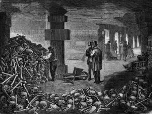 Parijs, uitzicht op het kruispunt van het memento in de catacomben (gravure) door Delannoy Delannoy
