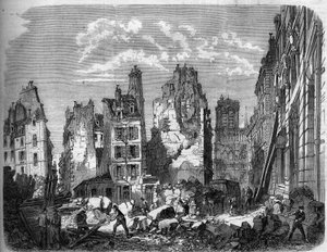 Transformaties van Parijs onder het Tweede Keizerrijk, Haussmann Parijs. Vernietiging van een deel van het Ile de la Cité voor de uitbreiding van het Hotel Dieu, gravure naar een tekening door Delannoy Delannoy