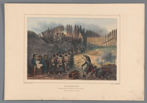 Groep soldaten trekt door een opening in de palissade, 1832 door Denis Auguste Marie Raffet