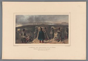 Schutters achter een borstwering, 1832 door Denis Auguste Marie Raffet