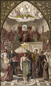 Sint Remigius doopt Clovis in Reims - De doop van koning Clovis I van de Franken in Reims door bisschop Sint Remi op 25/12/496 (of 499) - gravure naar het schilderij van Desire Francois Laugee door Desire Francois Laugee