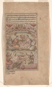 Hindoe en Moslim Geleerden Vertalen de Mahabharata van Sanskriet naar Perzisch, illustratie uit de Razmnama (Boek van Oorlog) 1598-99 (inkt & kleur op papier) door Dhannu fl.1580 1600 Dhannu fl.1580 1600