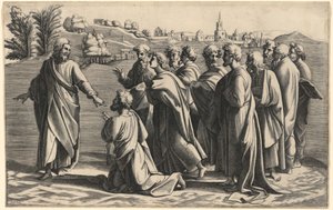 Christus maakt Sint-Pieter hoofd van de kerk door Diana Scultori after Raphael