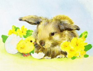 Paashaas met Sleutelbloem en Kuiken door Diane Matthes