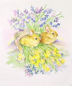Konijnen in een mand met Narcissen en Hyacinten