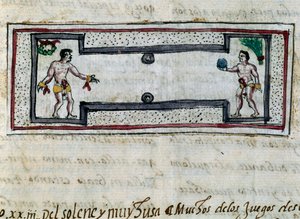 Azteken spelen een spel van pelota, miniatuur uit Geschiedenis van de Indiën (Historia de las Indias) door Diego Duran (1537-1588), manuscript uit 1579 door Diego Duran